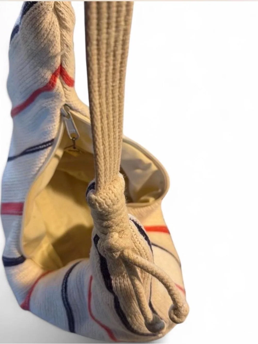 Cream Striped Knit Hobo Bag with Red & Navy Accents